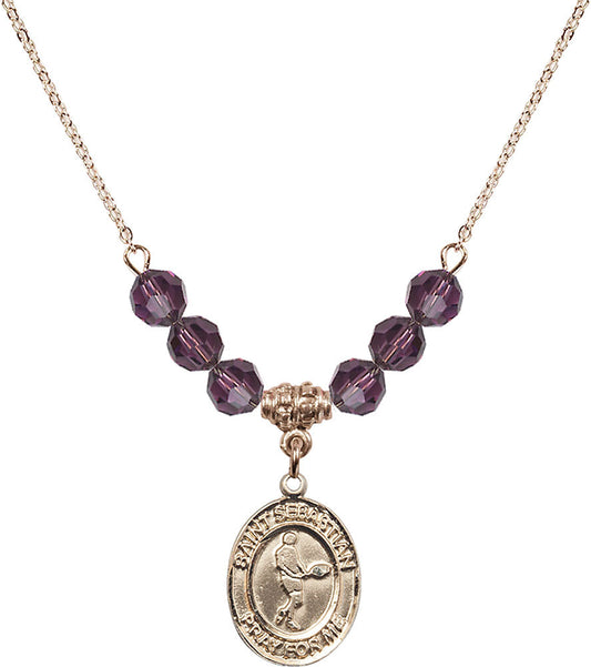 14kt Gold Filled Saint Sebastian/Tennis Birthstone Necklace with Amethyst Beads - 8166