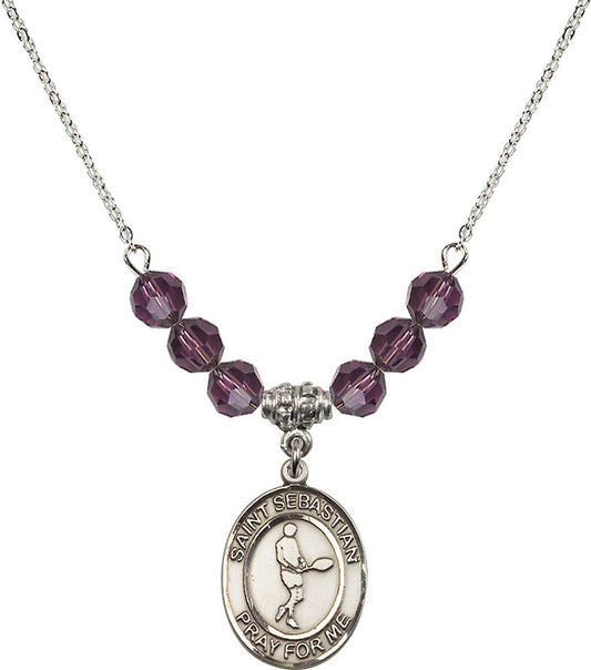 Sterling Silver Saint Sebastian/Tennis Birthstone Necklace with Amethyst Beads - 8166