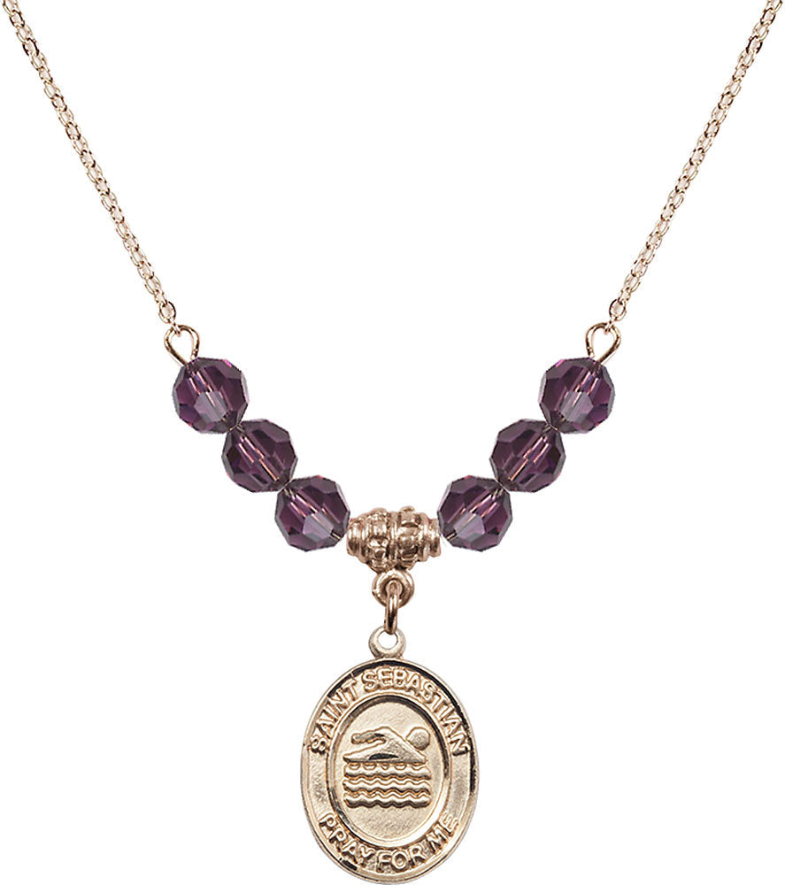 14kt Gold Filled Saint Sebastian/Swimming Birthstone Necklace with Amethyst Beads - 8167