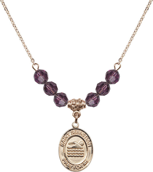14kt Gold Filled Saint Sebastian/Swimming Birthstone Necklace with Amethyst Beads - 8167