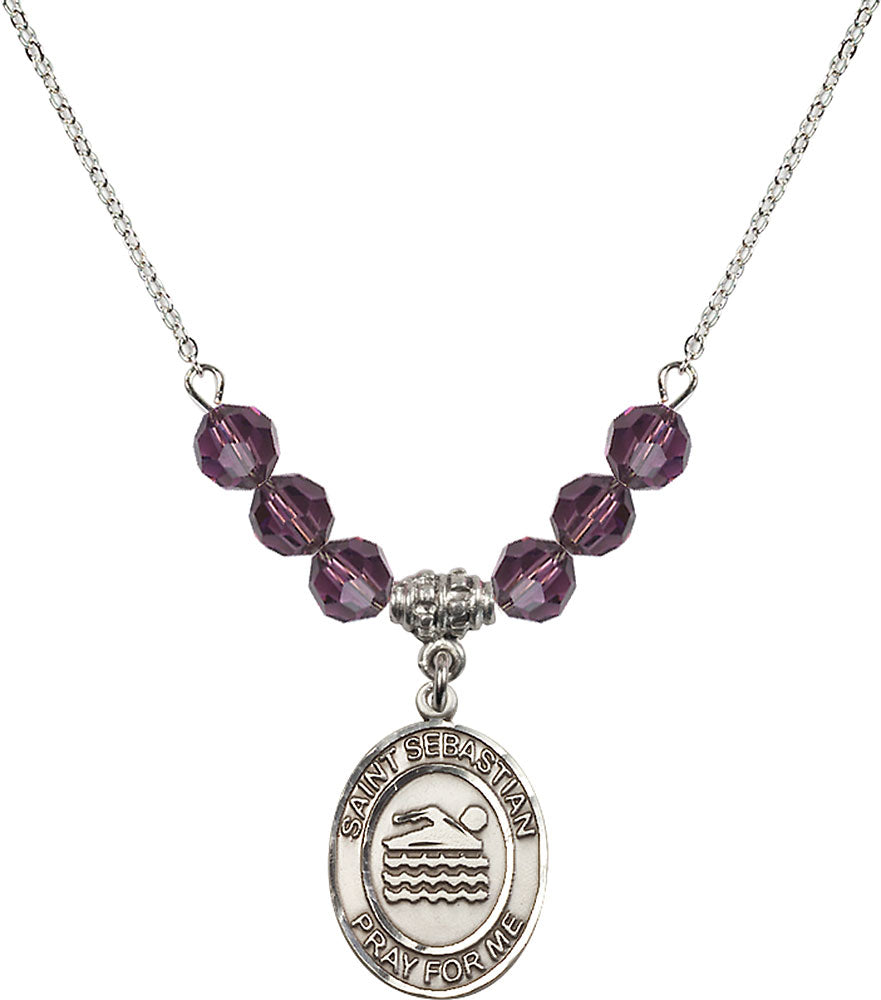 Sterling Silver Saint Sebastian/Swimming Birthstone Necklace with Amethyst Beads - 8167