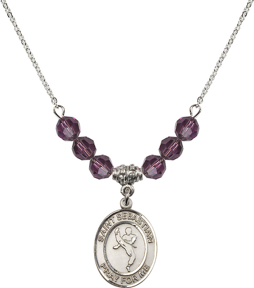 Sterling Silver Saint Sebastian/Martial Arts Birthstone Necklace with Amethyst Beads - 8168