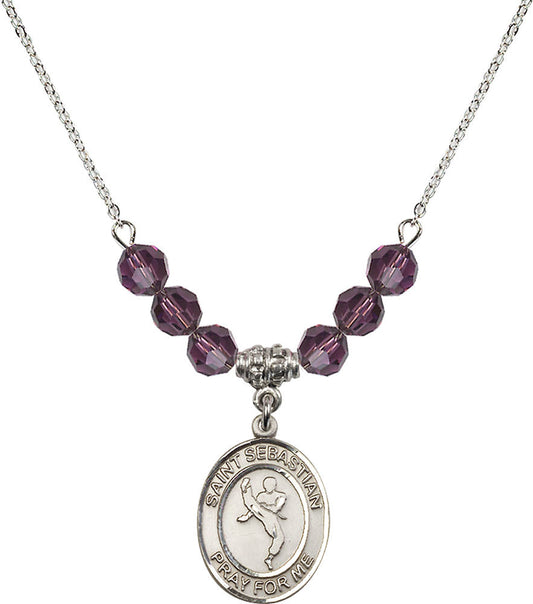 Sterling Silver Saint Sebastian/Martial Arts Birthstone Necklace with Amethyst Beads - 8168