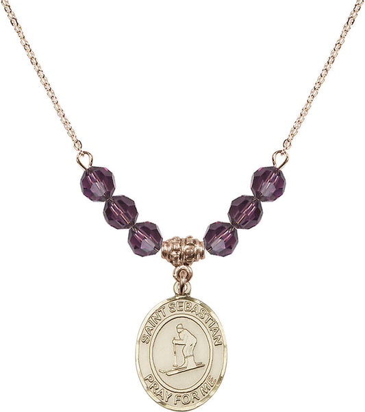 14kt Gold Filled Saint Sebastian/Skiing Birthstone Necklace with Amethyst Beads - 8169