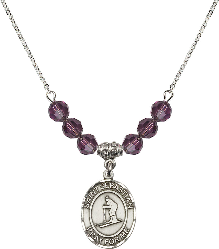 Sterling Silver Saint Sebastian/Skiing Birthstone Necklace with Amethyst Beads - 8169