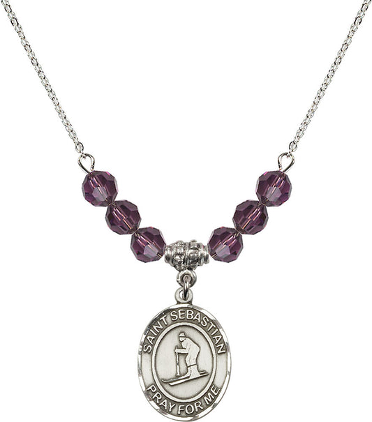 Sterling Silver Saint Sebastian/Skiing Birthstone Necklace with Amethyst Beads - 8169