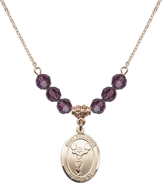 14kt Gold Filled Saint Sebastian/Cheerleading Birthstone Necklace with Amethyst Beads - 8170