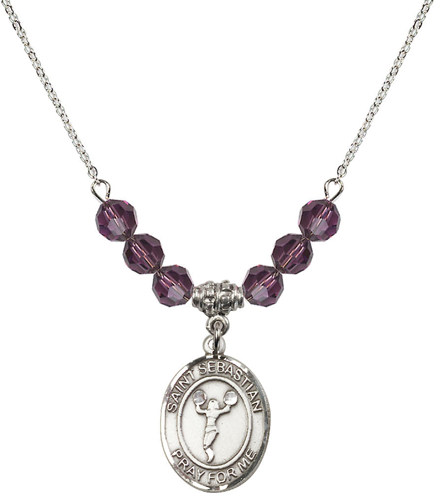 Sterling Silver Saint Sebastian/Cheerleading Birthstone Necklace with Amethyst Beads - 8170