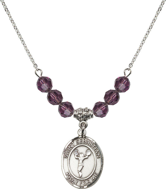 Sterling Silver Saint Sebastian/Cheerleading Birthstone Necklace with Amethyst Beads - 8170
