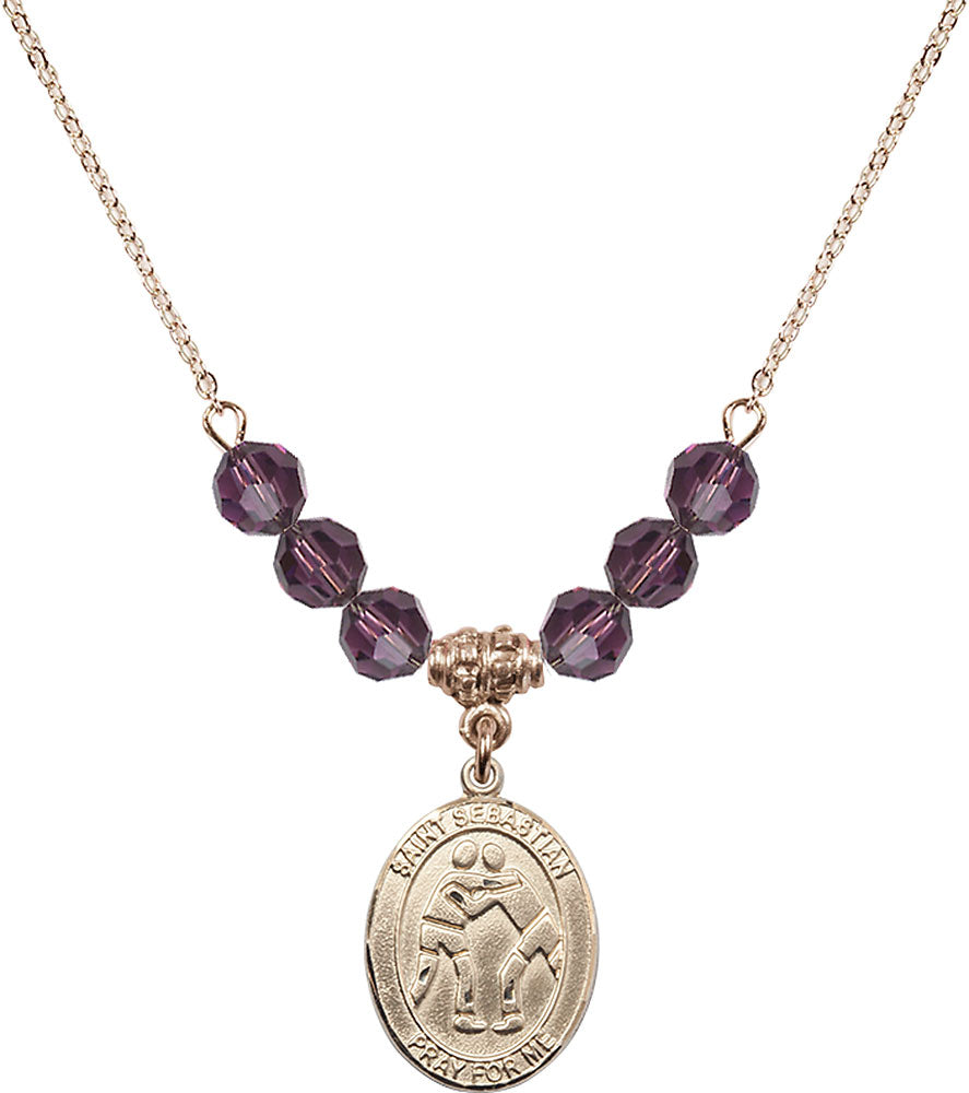 14kt Gold Filled Saint Sebastian/Wrestling Birthstone Necklace with Amethyst Beads - 8171