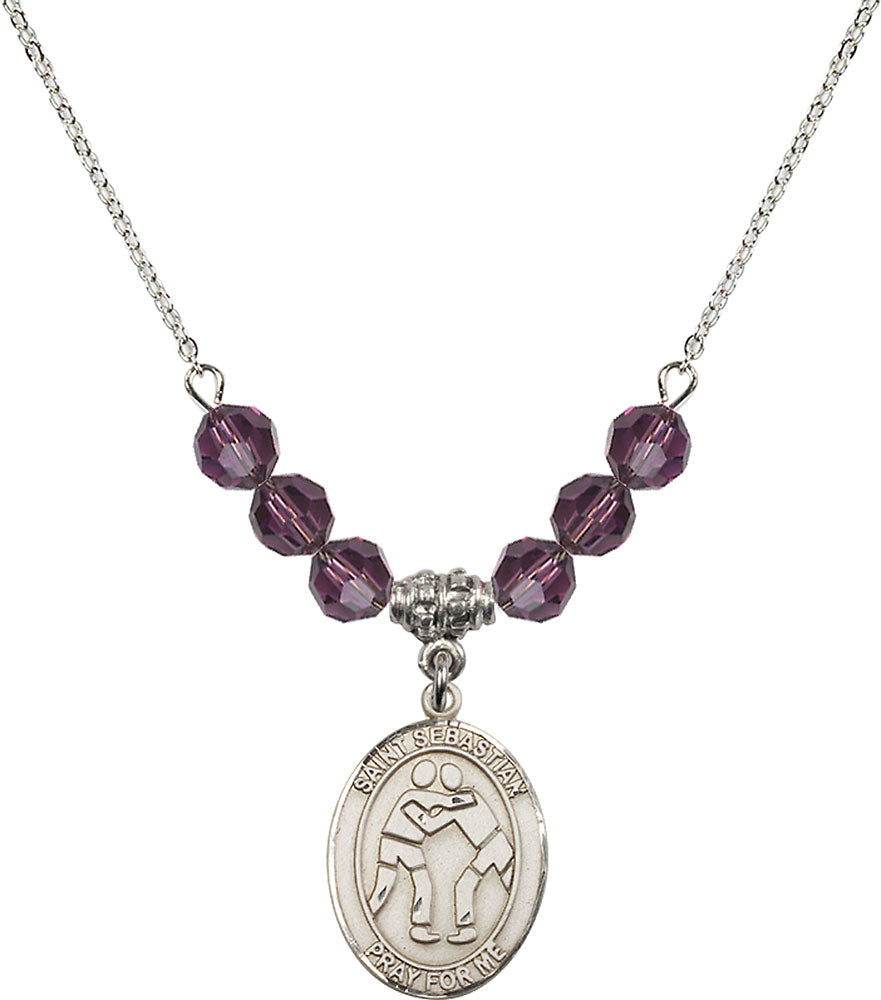 Sterling Silver Saint Sebastian/Wrestling Birthstone Necklace with Amethyst Beads - 8171