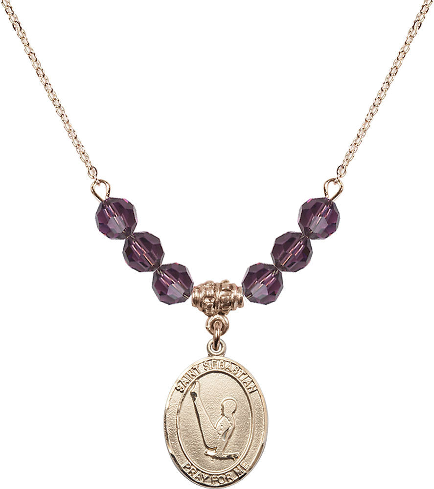 14kt Gold Filled Saint Sebastian/Gymnastics Birthstone Necklace with Amethyst Beads - 8172
