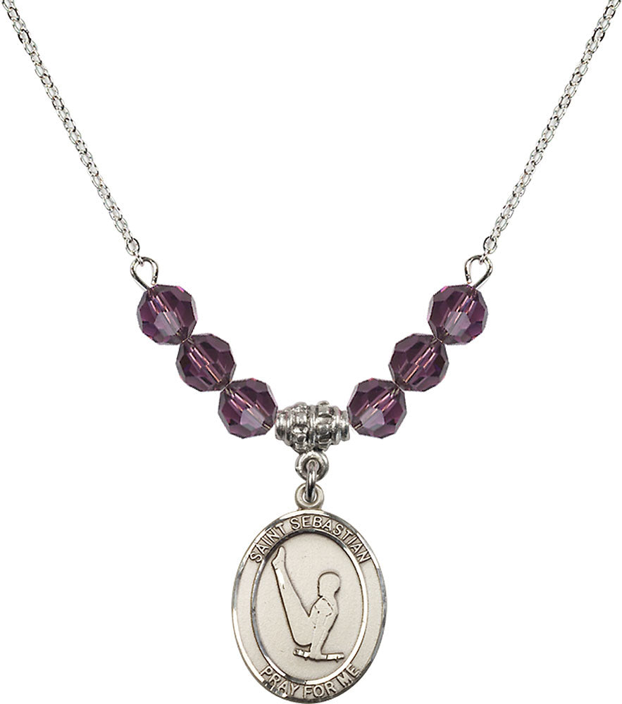 Sterling Silver Saint Sebastian/Gymnastics Birthstone Necklace with Amethyst Beads - 8172