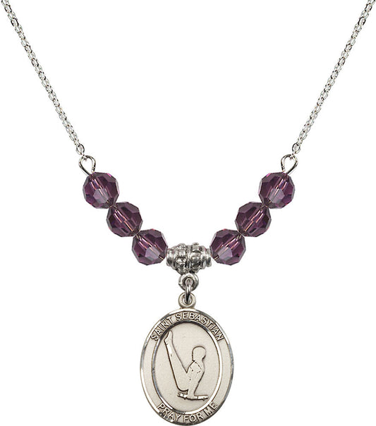 Sterling Silver Saint Sebastian/Gymnastics Birthstone Necklace with Amethyst Beads - 8172