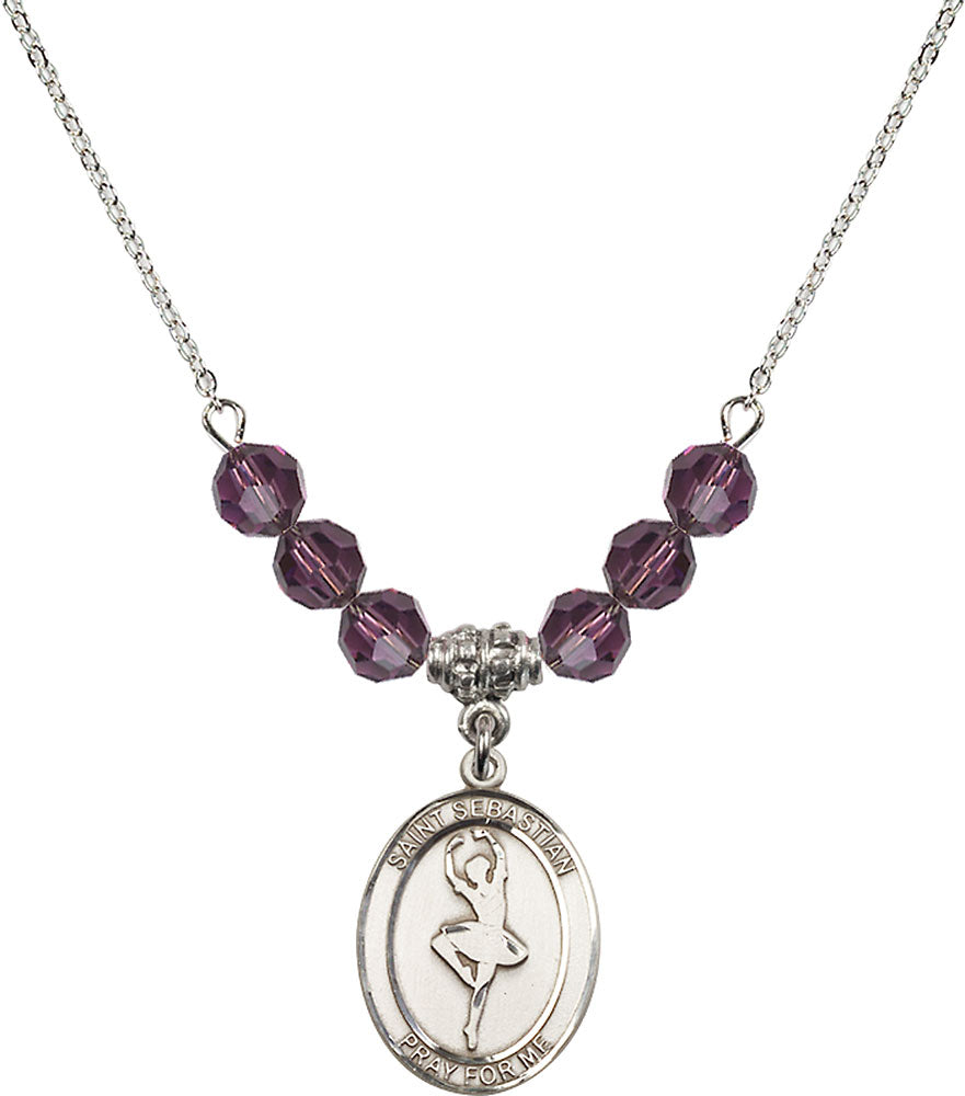 Sterling Silver Saint Sebastian/Dance Birthstone Necklace with Amethyst Beads - 8173