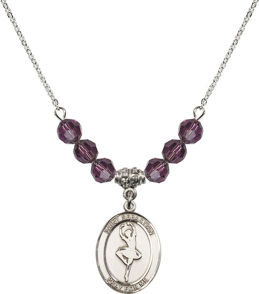 Sterling Silver Saint Sebastian/Dance Birthstone Necklace with Amethyst Beads - 8173