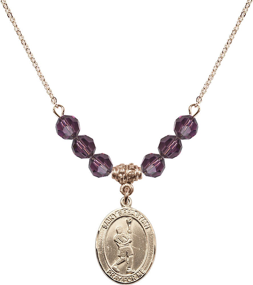 14kt Gold Filled Saint Sebastian/Lacrosse Birthstone Necklace with Amethyst Beads - 8174