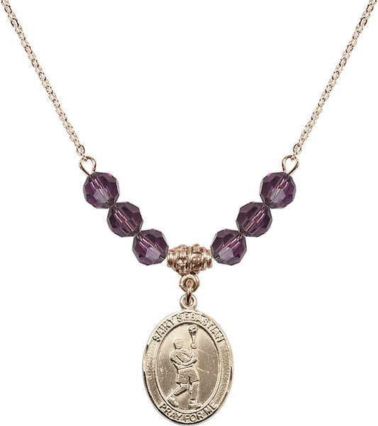 14kt Gold Filled Saint Sebastian/Lacrosse Birthstone Necklace with Amethyst Beads - 8174