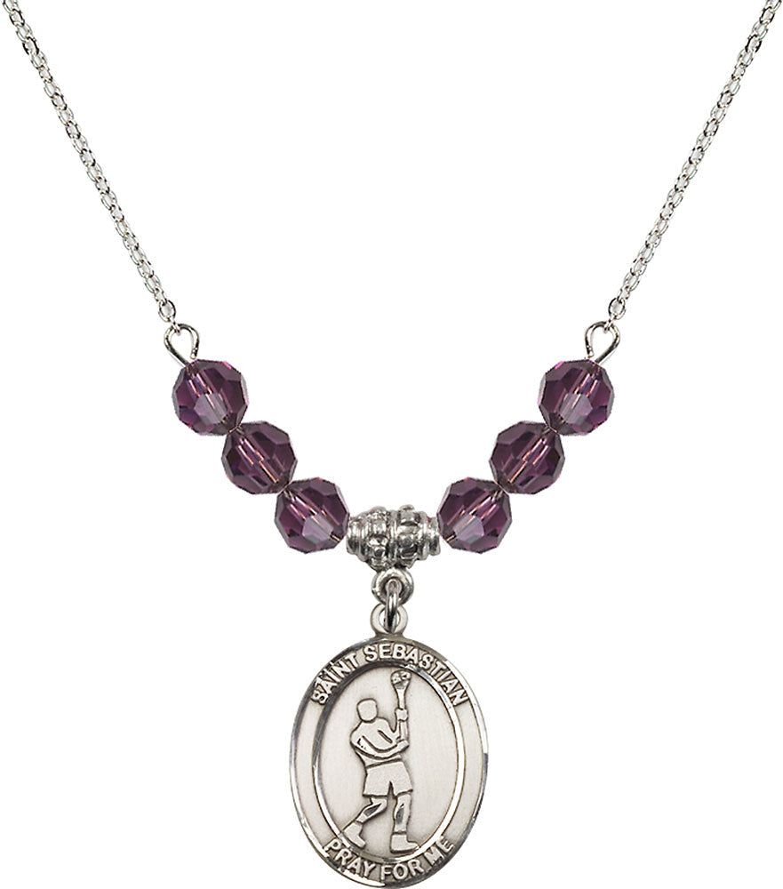 Sterling Silver Saint Sebastian/Lacrosse Birthstone Necklace with Amethyst Beads - 8174