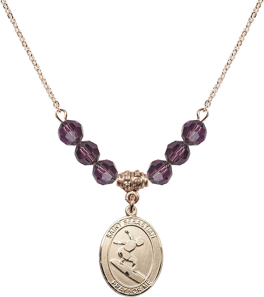 14kt Gold Filled Saint Sebastian/Surfing Birthstone Necklace with Amethyst Beads - 8175