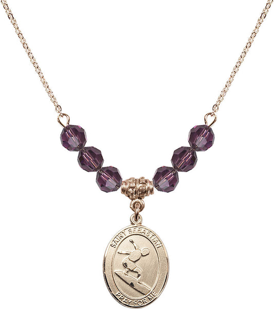 14kt Gold Filled Saint Sebastian/Surfing Birthstone Necklace with Amethyst Beads - 8175