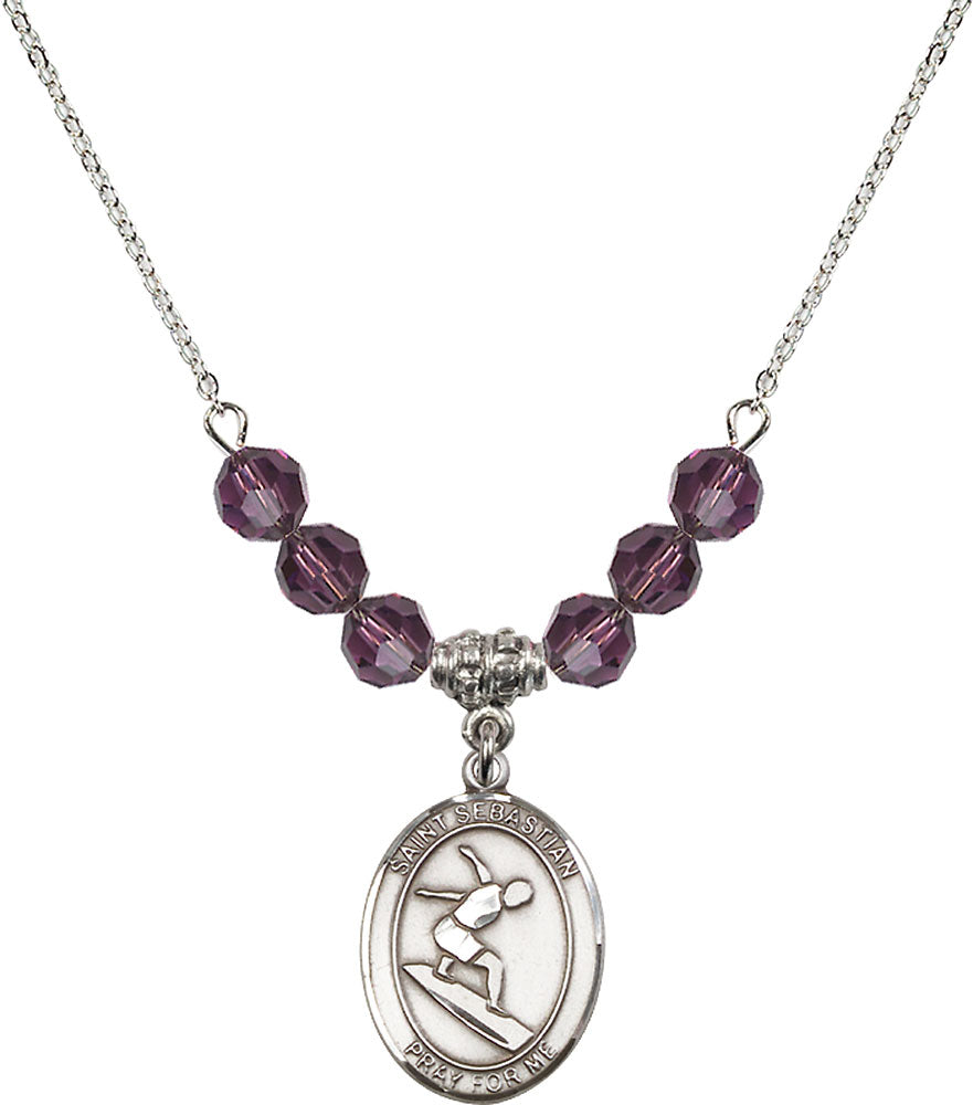 Sterling Silver Saint Sebastian/Surfing Birthstone Necklace with Amethyst Beads - 8175