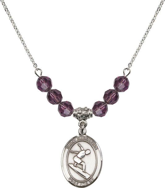 Sterling Silver Saint Sebastian/Surfing Birthstone Necklace with Amethyst Beads - 8175