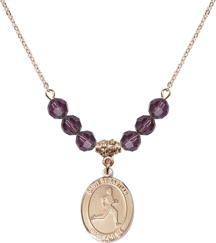 14kt Gold Filled Saint Sebastian/Track & Field Birthstone Necklace with Amethyst Beads - 8176