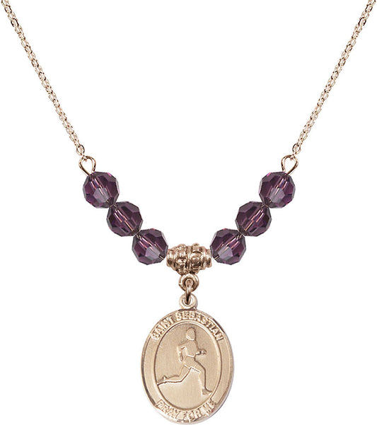 14kt Gold Filled Saint Sebastian/Track & Field Birthstone Necklace with Amethyst Beads - 8176