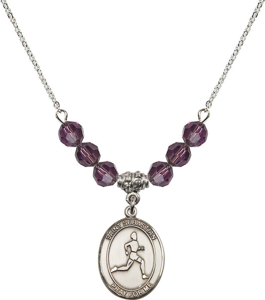 Sterling Silver Saint Sebastian/Track & Field Birthstone Necklace with Amethyst Beads - 8176
