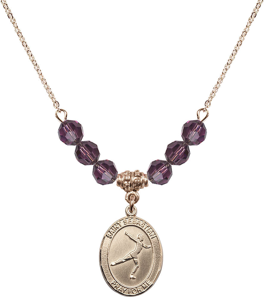 14kt Gold Filled Saint Sebastian/Figure Skating Birthstone Necklace with Amethyst Beads - 8177