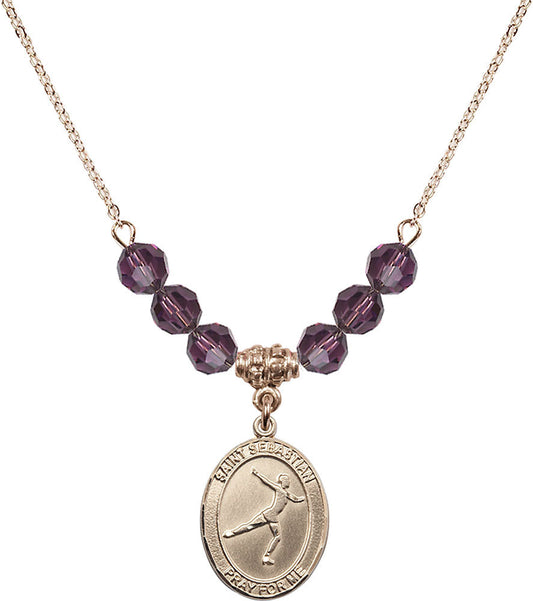 14kt Gold Filled Saint Sebastian/Figure Skating Birthstone Necklace with Amethyst Beads - 8177