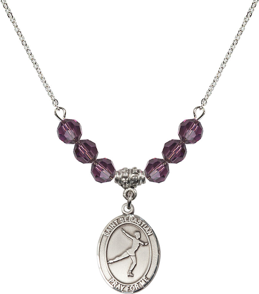 Sterling Silver Saint Sebastian/Figure Skating Birthstone Necklace with Amethyst Beads - 8177