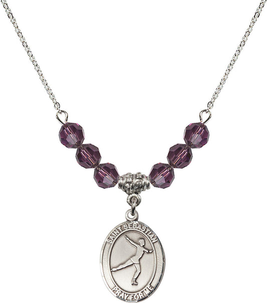 Sterling Silver Saint Sebastian/Figure Skating Birthstone Necklace with Amethyst Beads - 8177