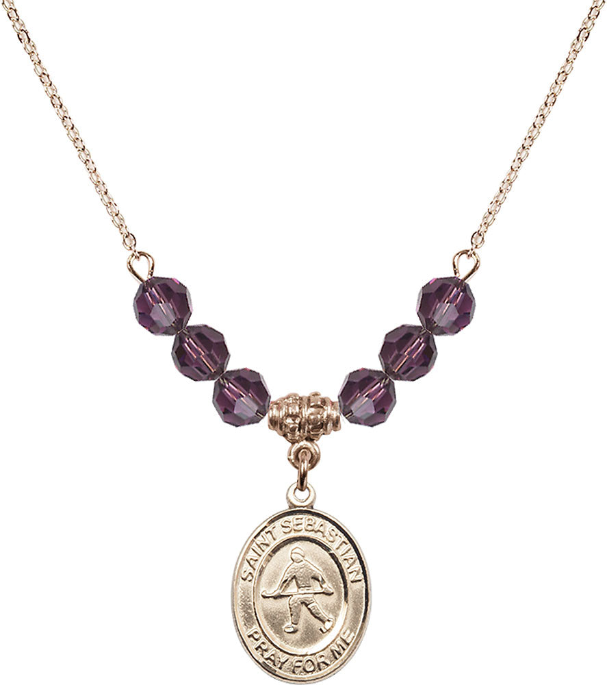 14kt Gold Filled Saint Sebastian/Field Hockey Birthstone Necklace with Amethyst Beads - 8178