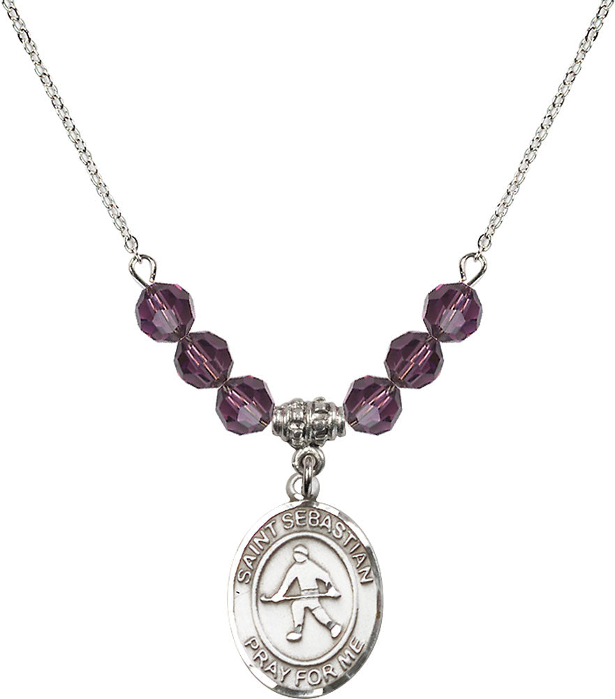 Sterling Silver Saint Sebastian/Field Hockey Birthstone Necklace with Amethyst Beads - 8178