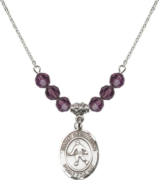 Sterling Silver Saint Sebastian/Field Hockey Birthstone Necklace with Amethyst Beads - 8178