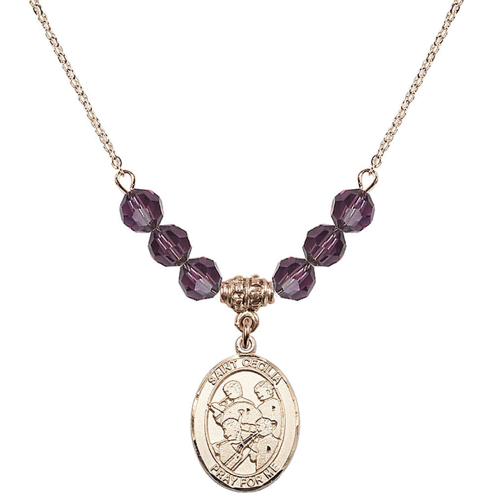 14kt Gold Filled Saint Cecilia / Marching Band Birthstone Necklace with Amethyst Beads - 8179
