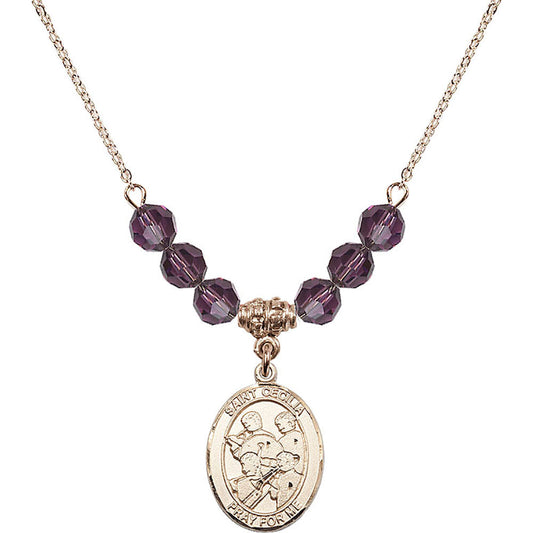 14kt Gold Filled Saint Cecilia / Marching Band Birthstone Necklace with Amethyst Beads - 8179