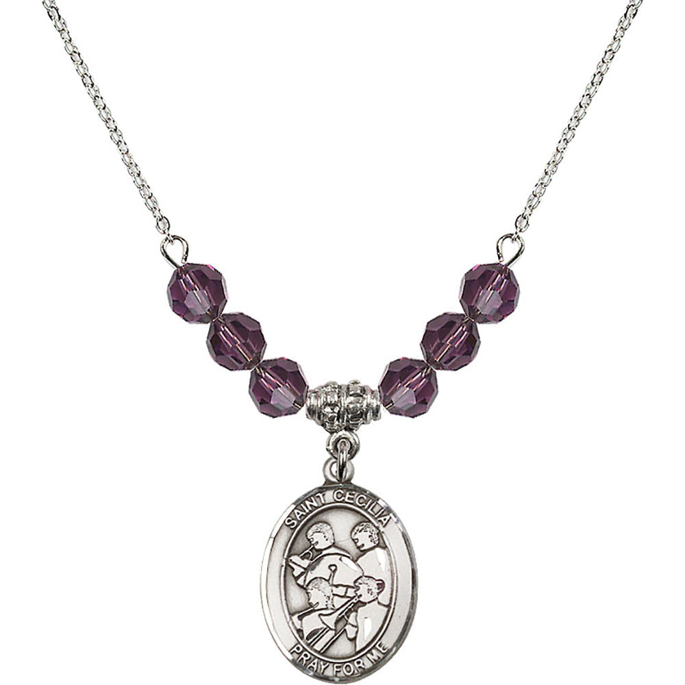 Sterling Silver Saint Cecilia / Marching Band Birthstone Necklace with Amethyst Beads - 8179