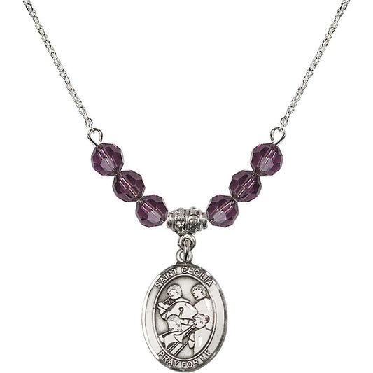 Sterling Silver Saint Cecilia / Marching Band Birthstone Necklace with Amethyst Beads - 8179