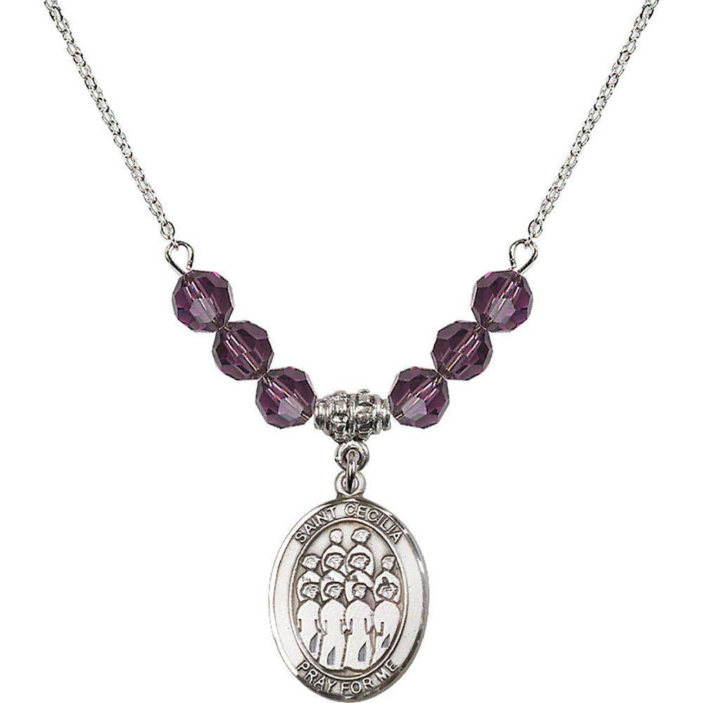 Sterling Silver Saint Cecilia / Choir Birthstone Necklace with Amethyst Beads - 8180