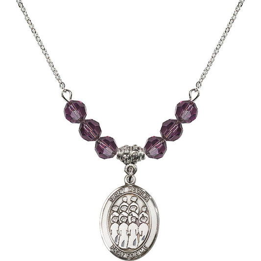 Sterling Silver Saint Cecilia / Choir Birthstone Necklace with Amethyst Beads - 8180