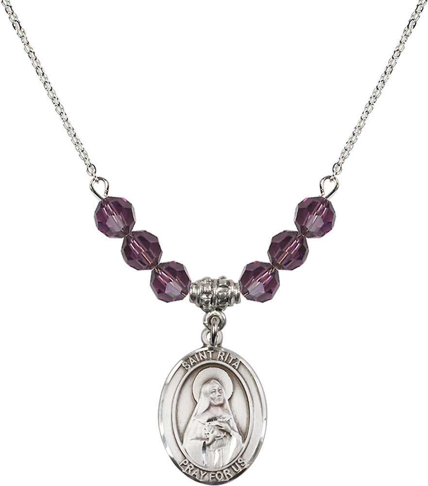 Sterling Silver Saint Rita / Baseball Birthstone Necklace with Amethyst Beads - 8181