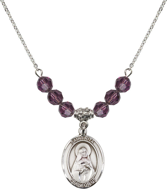 Sterling Silver Saint Rita / Baseball Birthstone Necklace with Amethyst Beads - 8181
