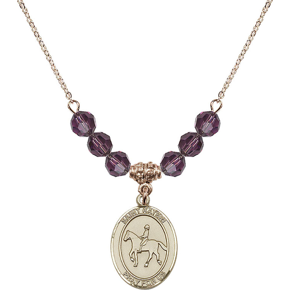 14kt Gold Filled Saint Kateri/Equestrian Birthstone Necklace with Amethyst Beads - 8182
