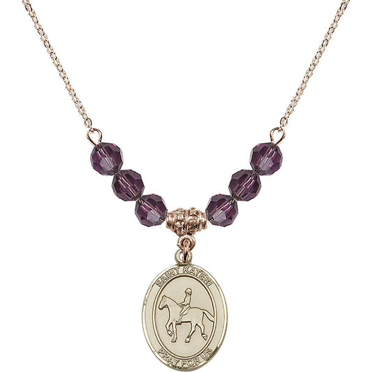 14kt Gold Filled Saint Kateri/Equestrian Birthstone Necklace with Amethyst Beads - 8182