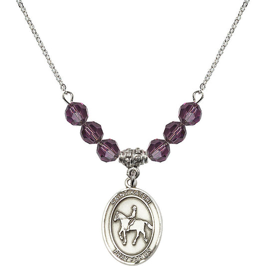 Sterling Silver Saint Kateri/Equestrian Birthstone Necklace with Amethyst Beads - 8182