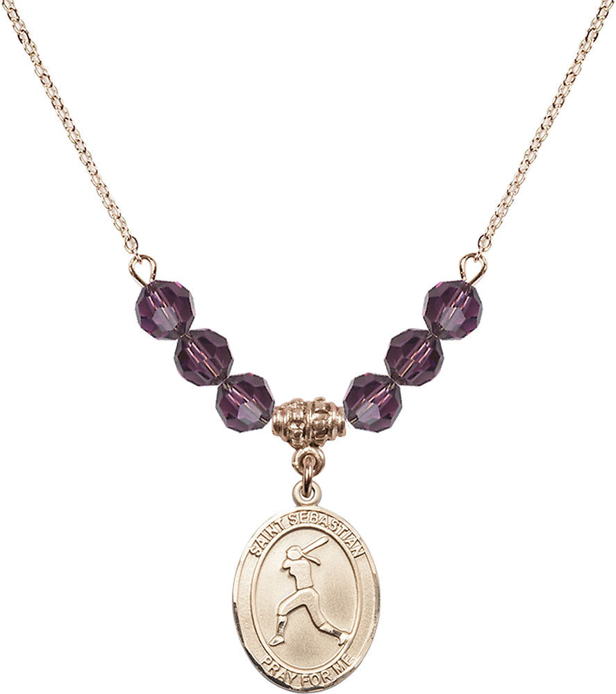 14kt Gold Filled Saint Sebastian / Softball Birthstone Necklace with Amethyst Beads - 8183