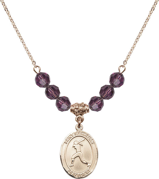 14kt Gold Filled Saint Sebastian / Softball Birthstone Necklace with Amethyst Beads - 8183